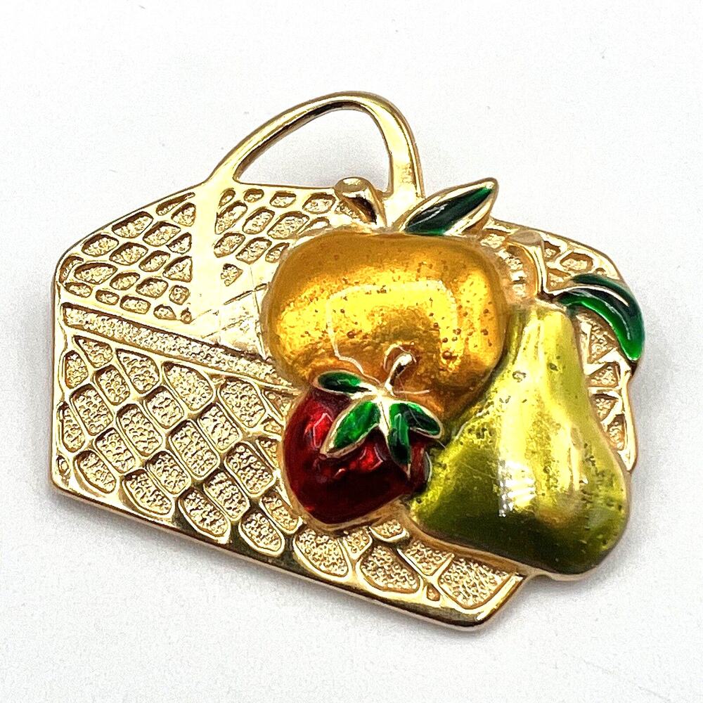 Vtg Gold Tone Picnic Basket Brooch Enamel Fruit Strawberry Pear Summer 2"